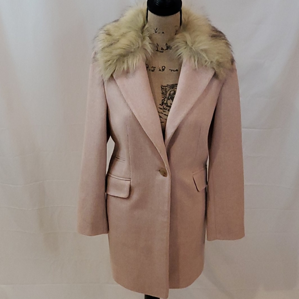 Pink Faux Fur Hood Herringbone Coat - Pink